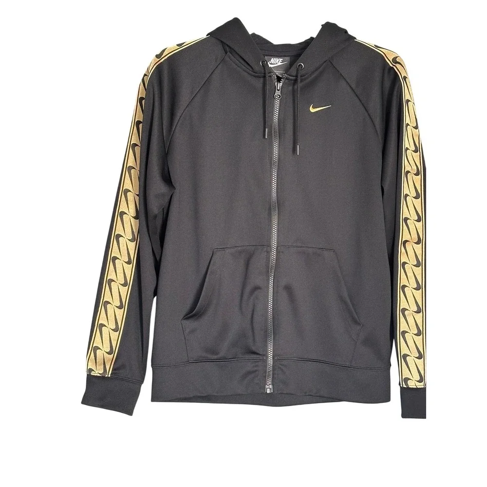 Nike Hoodie Womens Small Black Gold Swoosh Zip Up Streetwear Boxy